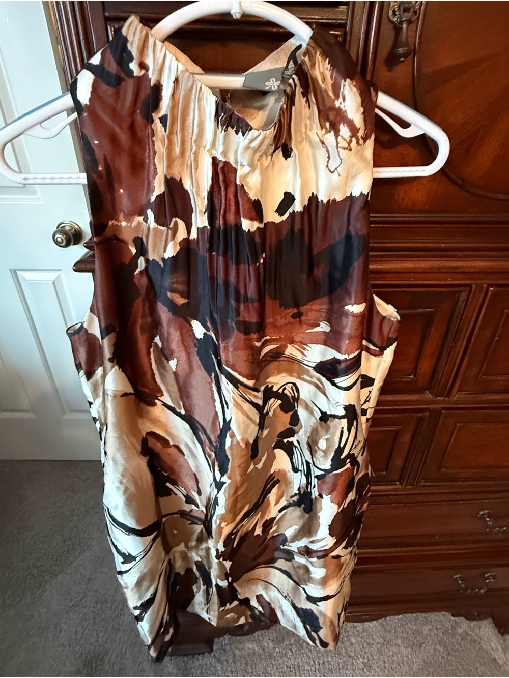 Taylor Sleeveless Abstract Print Silk Dress  in Brown, Cream & Black Size 12